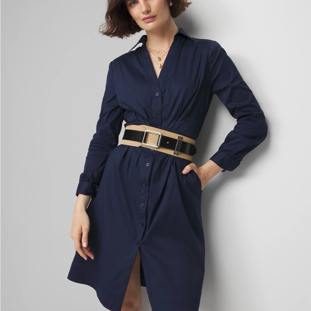 White House Black Market Navy Dress with Beige Belt